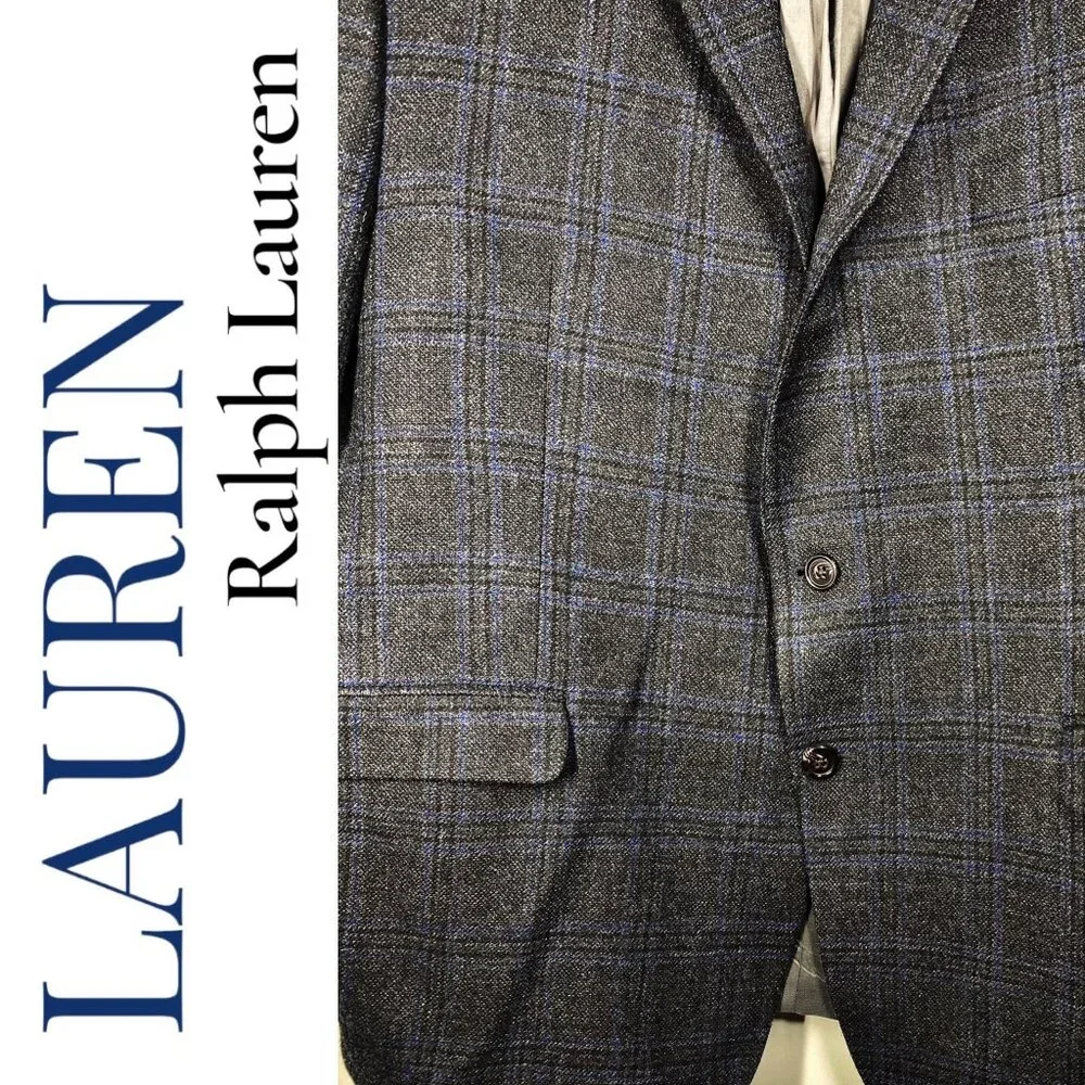 LAUREN RALPH LAUREN MEN’S 100% WOOL PLAID‎ BLAZER 2-BUTTON GRAY BLUE, SIZE 48R